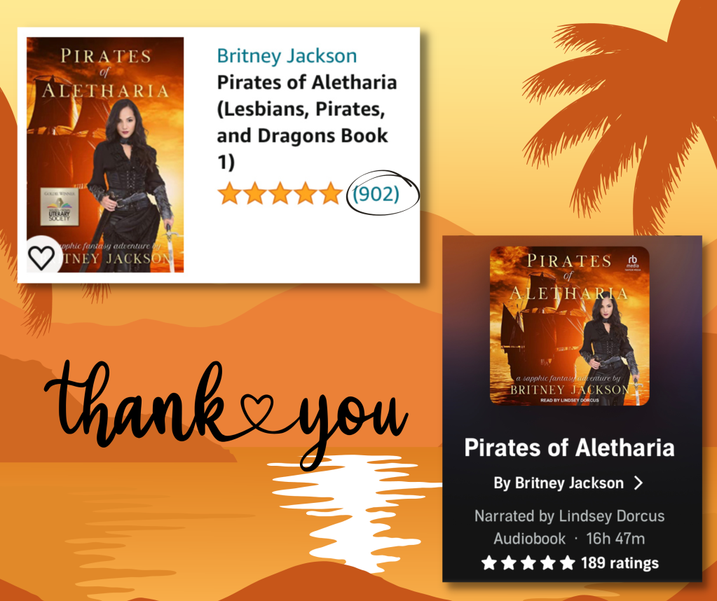 Beach graphic with heart and the words: “Thank you.”

Screenshot of 900 reviews for Pirates of Aletharia on Amazon and a screenshot of 189 on Audible.
