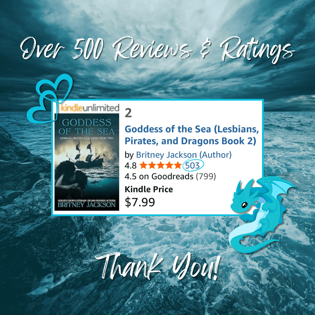 Image: Blue waves crashing against rocks with a cute, blue dragon, blue hearts, and a screenshot of the cover of Goddess of the Sea (Lesbians, Pirates, & Dragons: Book 2) by Britney Jackson with 5 stars and 503 reviews.
Text: Over 500 Ratings and Reviews! Thank you!