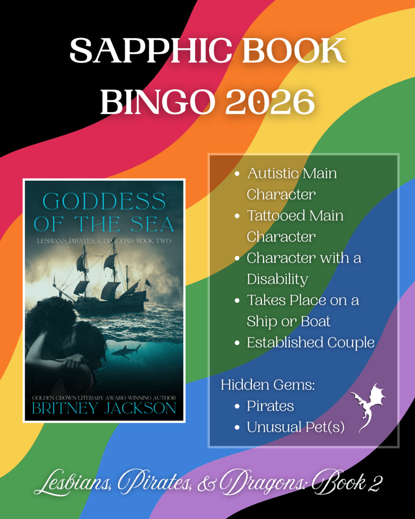 Image: Cover of Goddess of the Sea (Lesbians, Pirates, & Dragons: Book 2) by Britney Jackson on rainbow flag background with a white dragon beside the text.

Text:

SAPPHIC BOOK BINGO:

Goddess of the Sea (Lesbians, Pirates, & Dragons: Book 2):

• Autistic Main Character
• Tattooed Main Character
• Character with a Disability
• Takes Place on a Ship or Boat
• Established Couple
Hidden Gems:
• Pirates
• Unusual Pet(s)
